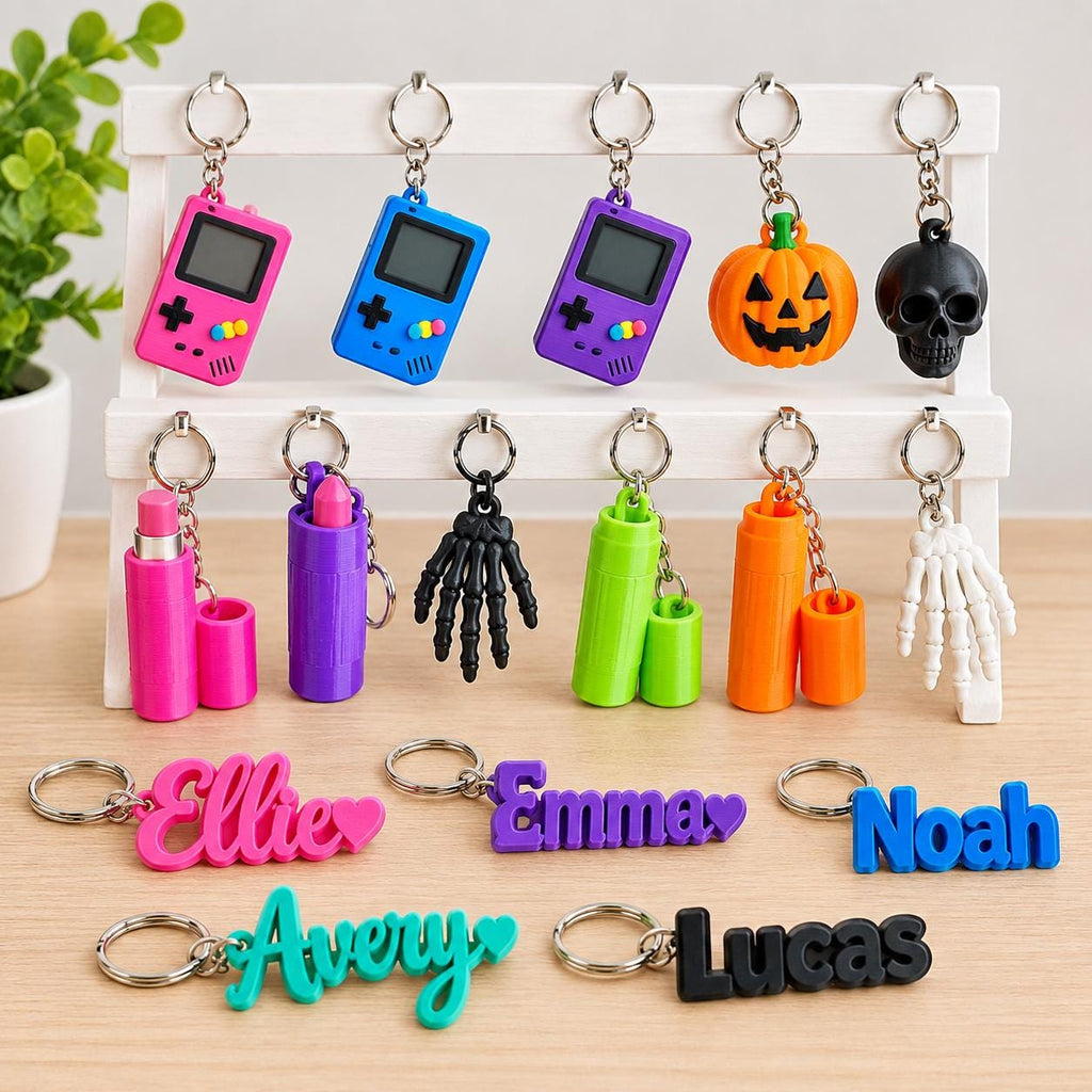 Custom 3D Printed Keychains | Shopping Cart Quarter Key, Game Boy, Lipstick Holder & Personalized Names